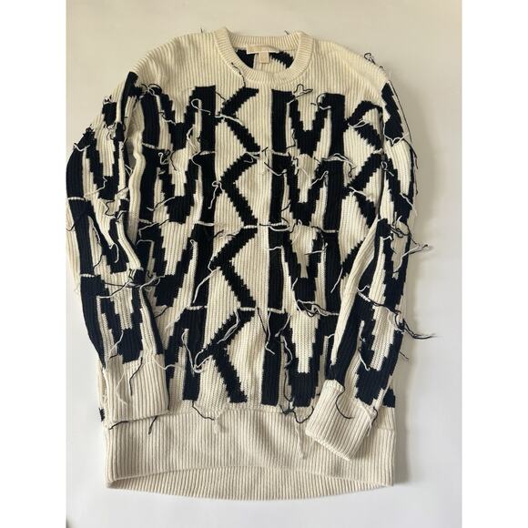 Michael Kors MK Distressed Logo Sweater Cream XS Merino Wool Blend New - Picture 1 of 4